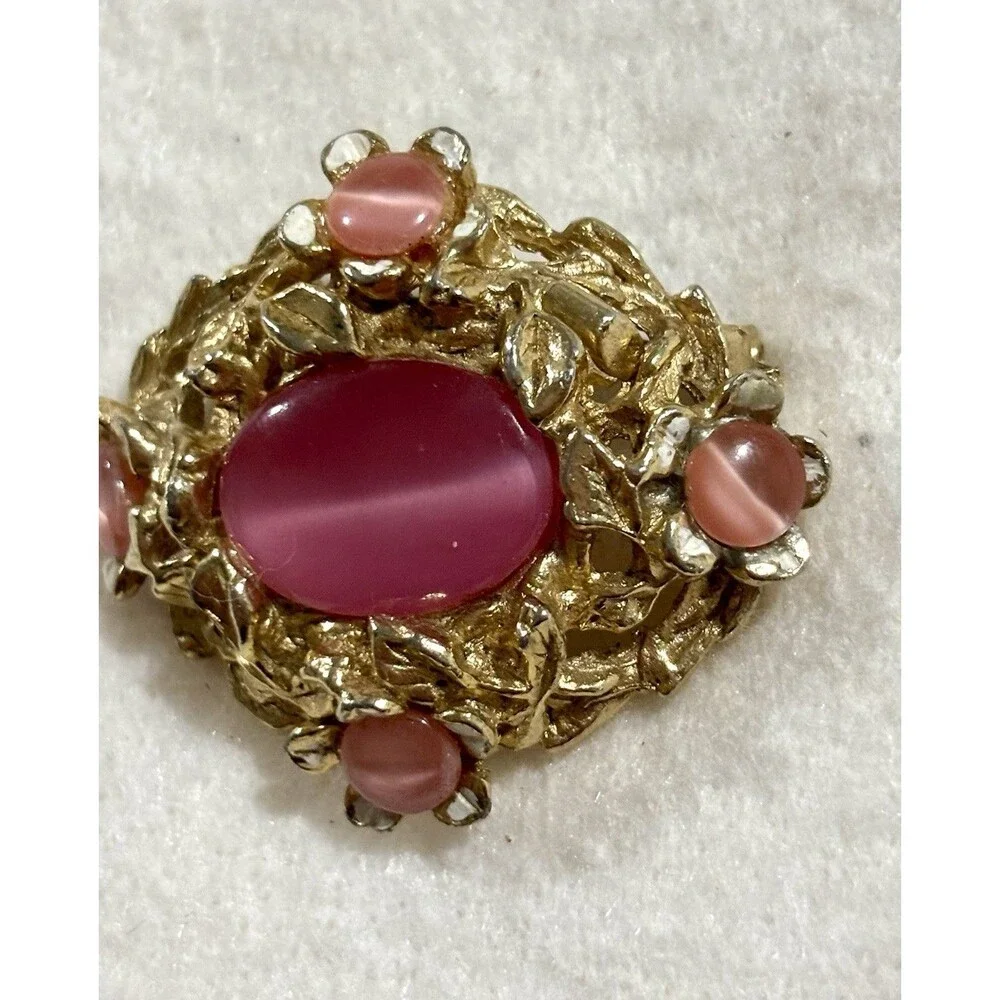 Vintage Pink Moonglow Cat Eye Cabochon Brooch Czech Style Gold Tone Floral Pin